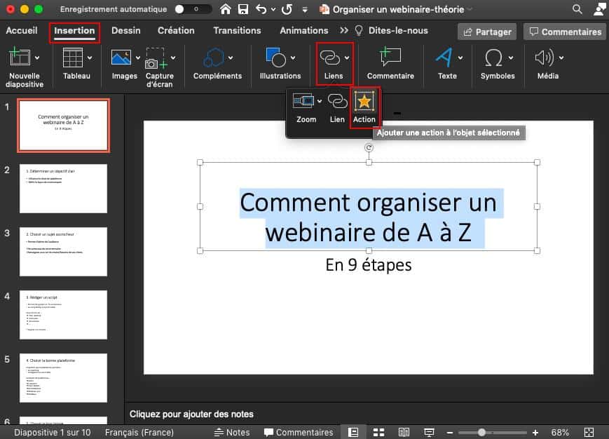 Capture d’écran de la partie « animation » du ruban PowerPoint, insistant sur plusieurs icônes reprenant les différentes étapes.