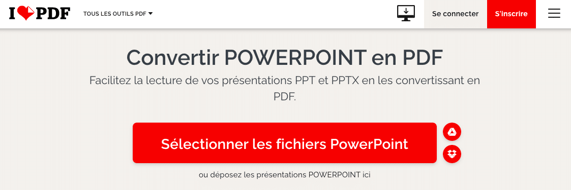 Capture d’écran du site « ilovepdf » insistant sur le bouton « sélectionner les fichiers PowerPoint ».