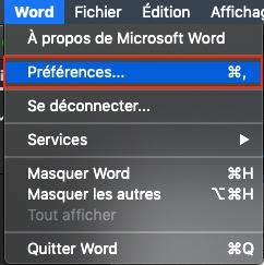 Capture d’écran du menu contextuel de Word.