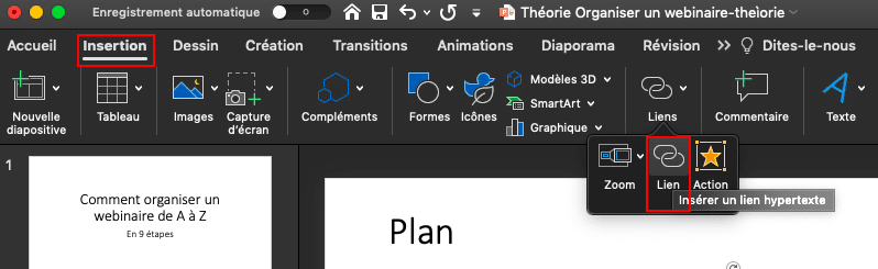 Capture d’écran de la partie « Insertion » du ruban PowerPoint, de l’icône « Liens ».