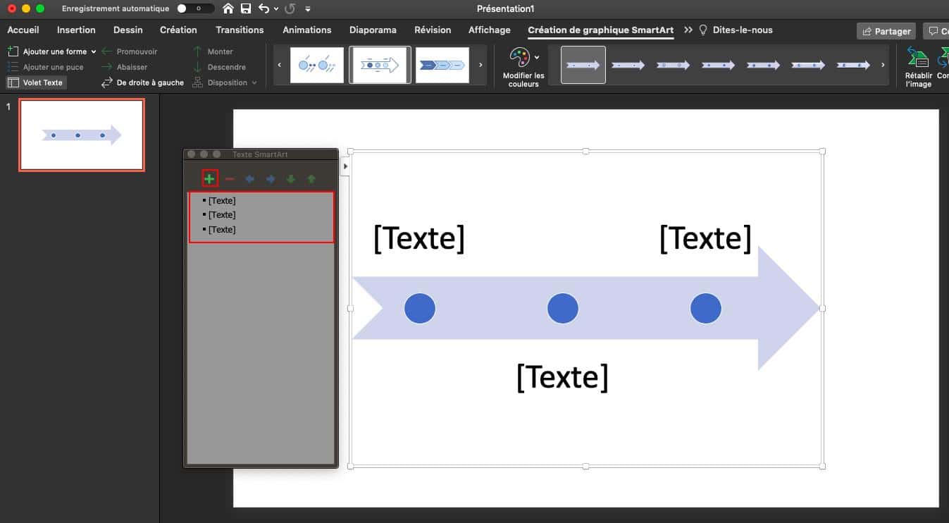 Capture d’écran de la partie « Création de graphique SmartArt » du ruban PowerPoint, montrant trois zones de texte à compléter.