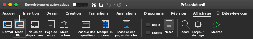 Capture d’écran de la partie «Affichage » du ruban PowerPoint, de l’icône « Mode plan ».