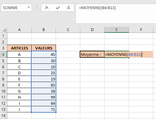 Utilisez la fonction =MOYENNE( pour calculer la moyenne de vos valeurs.