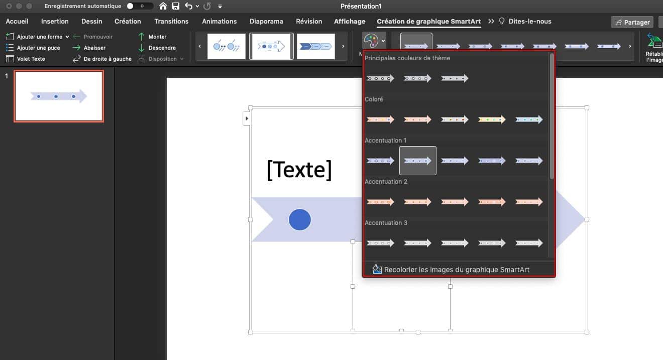 Capture d’écran de la partie « Création de graphique SmartArt » du ruban PowerPoint, montrant les différentes couleurs de thèmes.