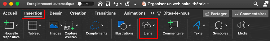 Capture d’écran de la partie « Insertion » du ruban PowerPoint, de l’icône « Liens ».
