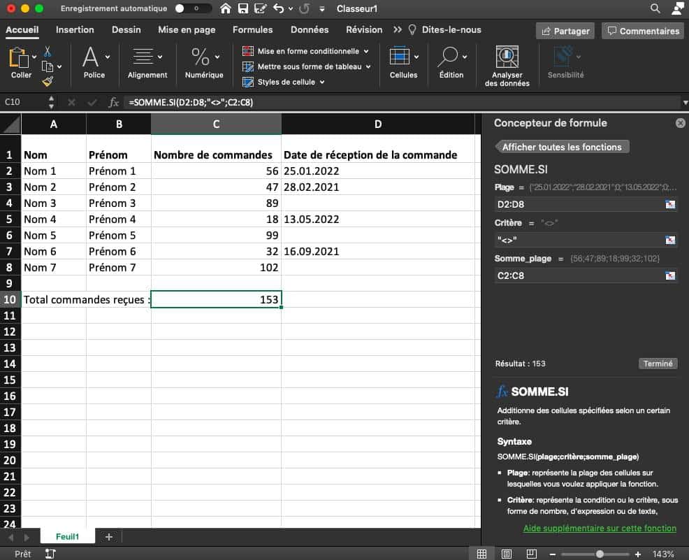 Capture d’écran d’un tableau Excel insistant sur le nombre de commandes reçues.
