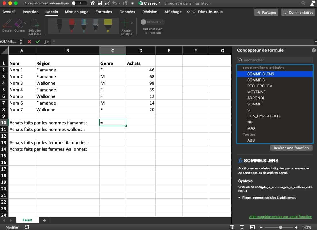 Capture d’écran du concepteur de formule d’un tableau Excel, insistant sur l’icône « SOMME.SI.ENS ».