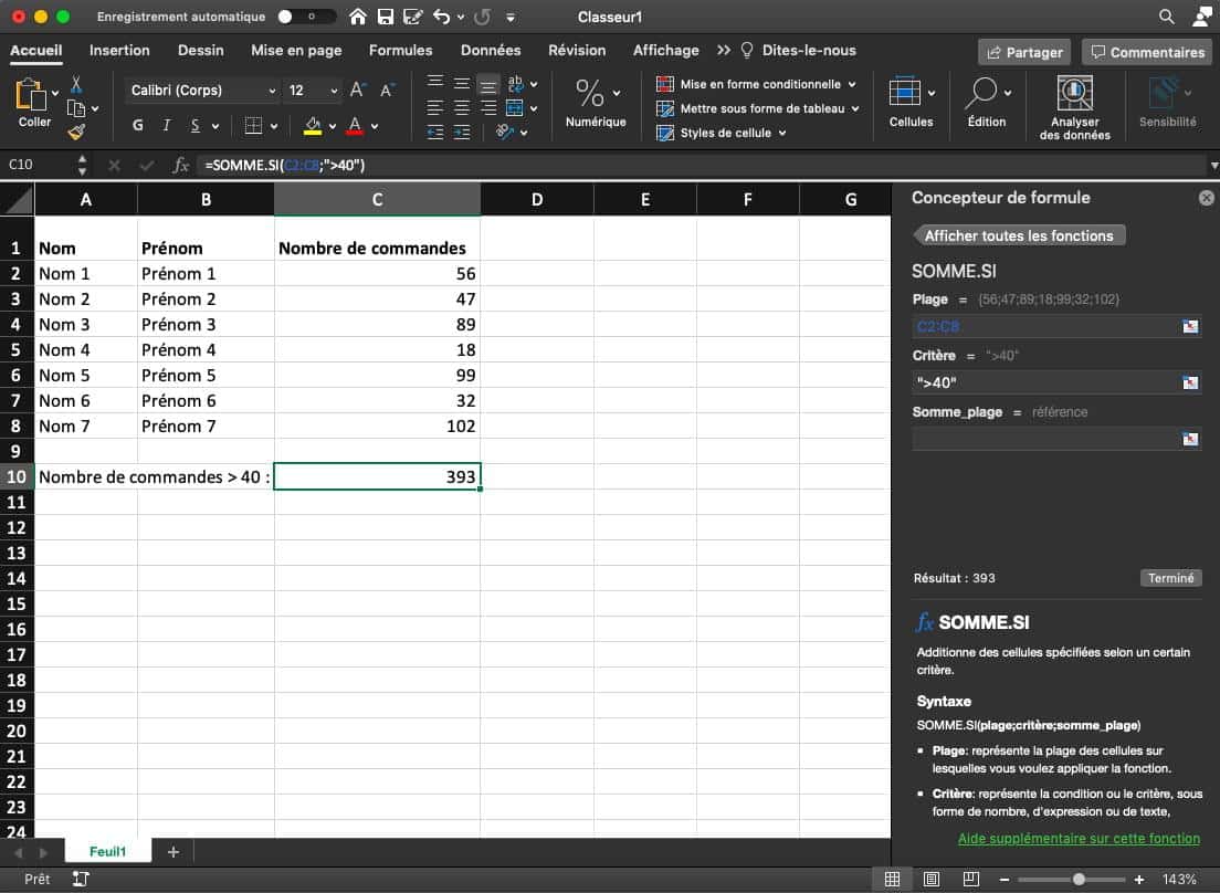 Capture d’écran du concepteur de formule d’un tableau Excel rempli avec « plage : C2 ;C8 »,et  « critère :>40 ».