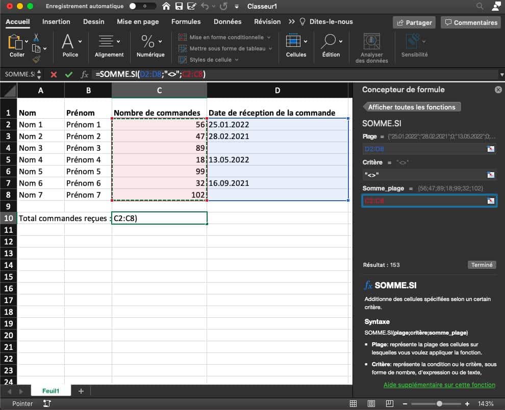 Capture d’écran du concepteur de formule d’un tableau Excel rempli avec « plage : D2 ;D8 », « critère :<> » et « Sommes_plage : C2 :C8 ».