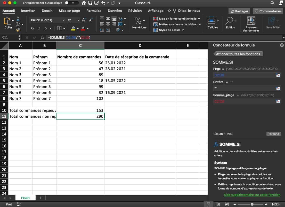 Capture d’écran du concepteur de formule d’un tableau Excel rempli avec « plage : D2 ;D8 », « critère : ""» et « Sommes_plage : C2 :C8 ».