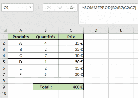 Exemple de calcul utilisant la fonction SOMMEPROD