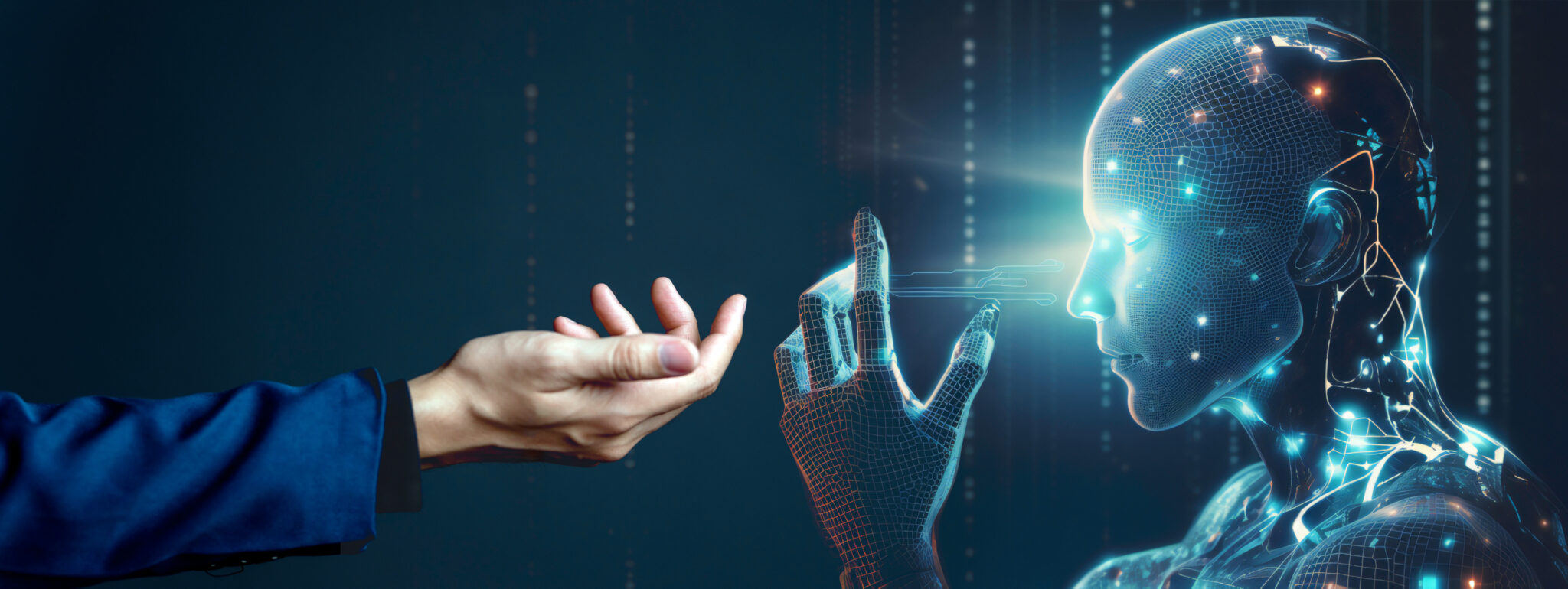 human connection and artificial intelligence (ai) concept, generate innovative futuristic new things together, artificial intelligence exchange smart creativity, robot brain and human connection.