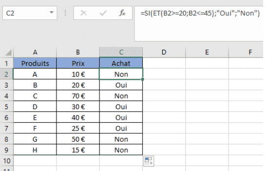 exemple utilisation fonction compris entre