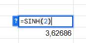 Formule =SINH(2) sur Excel