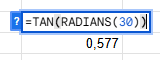 Formule =TAN(RADIANS(30)) sur Excel