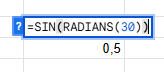 Formule =SIN(RADIANS(30)) sur Excel