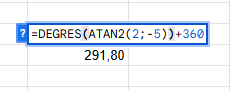 Formule =DEGRES(ATAN2(2;-5))+360 sur Excel