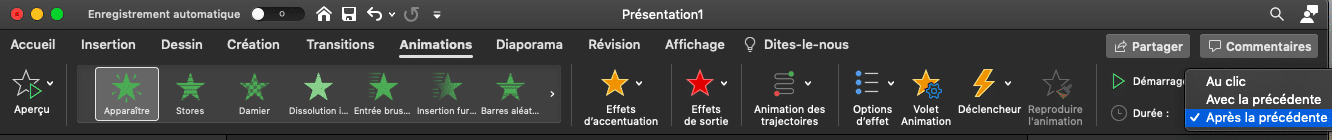 Capture d’écran de la partie « Animations » du ruban PowerPoint, avec une sélection « Après la précédente » concernant le démarrage.