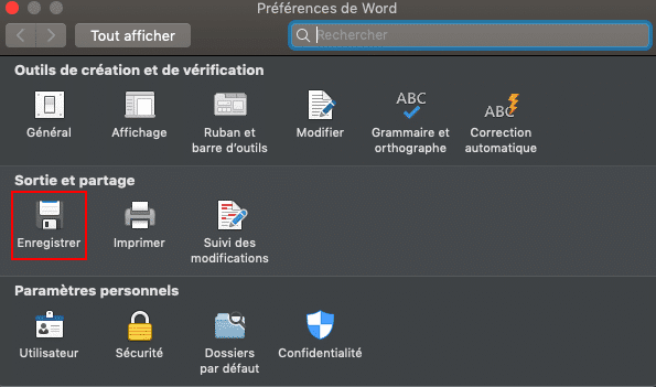 Capture d’écran des préférences de Word, insistant sur l’icône « Enregistrer ». 