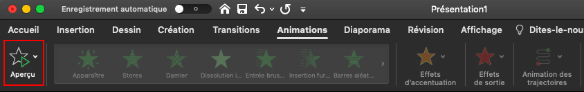 Capture d’écran de la partie « Animations » du ruban PowerPoint, insistant sur l’icône « Aperçu ».