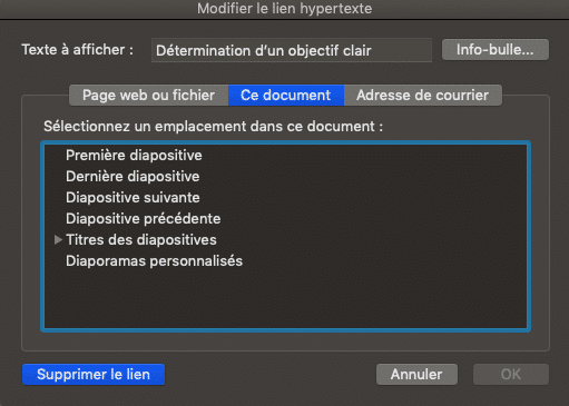 Capture d’écran de la partie « Modifier le lien hypertexte », insistant sur l’icône « ce document ». 