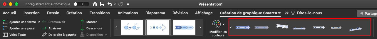Capture d’écran de la partie « Création de graphique SmartArt » du ruban PowerPoint, montrant l’icône « abaisser ».