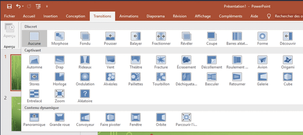 Capture d'écran de la palette de transitions entre diapositives