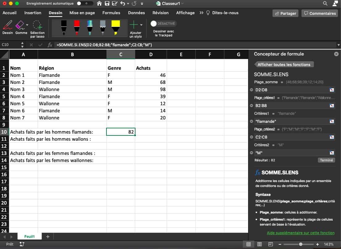 Capture d’écran d’un tableau Excel insistant sur le nombre d’achats fait par les hommes flamands.