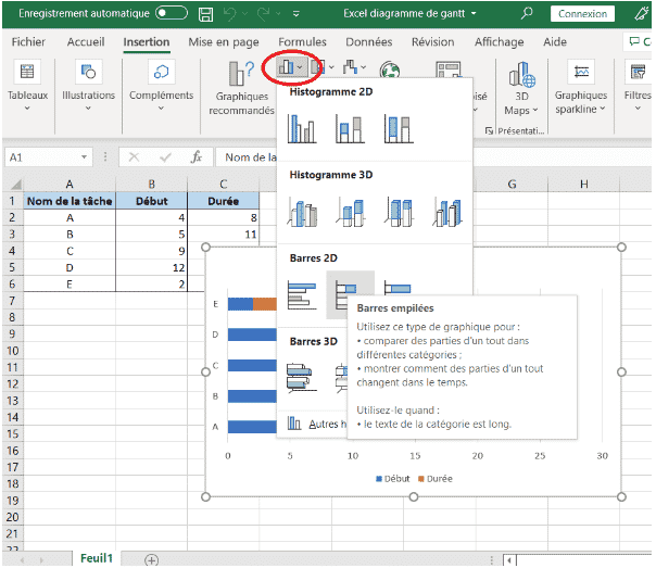 Cliquez sur l’icône « histogramme » pour créer votre diagramme Excel